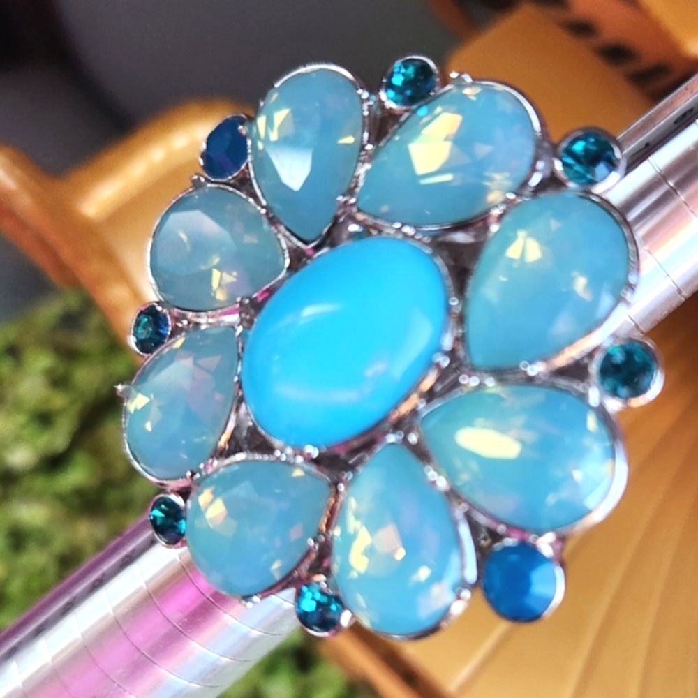 DIOR GLAM Turquoise Blues Silver MEGA Sparkly Rhinestones Gaudy Cocktail RING 2" - Picture 13 of 16